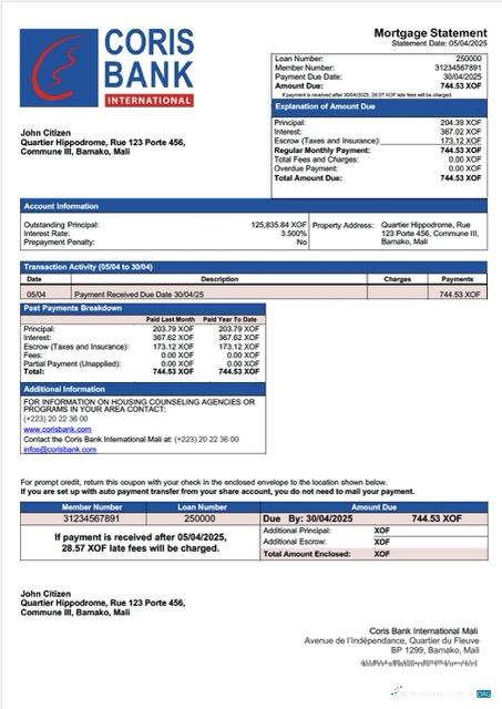 Download Mali Coris Bank International Mali mortgage statement Word and PDF template Photoshop template